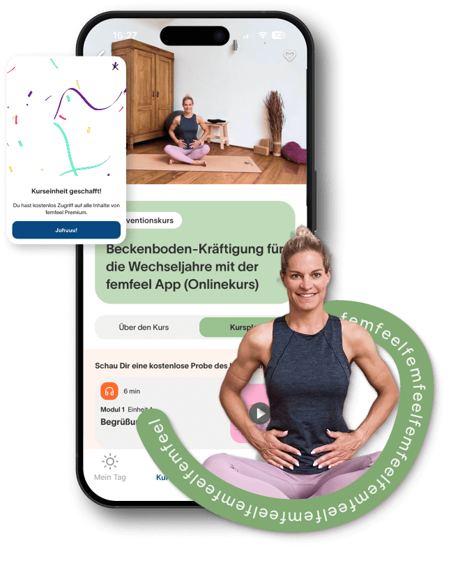 femfeel App zeigt Beckenboden-Kurs mit Erfolgs-Popup „Kurseinheit geschafft!" und Kursleiterin im Vordergrund.