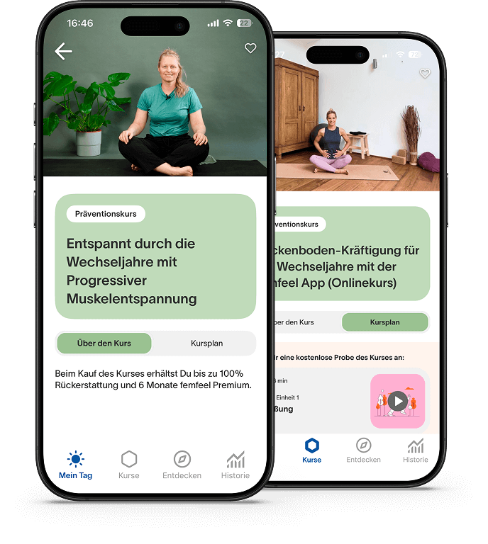 Zwei femfeel App-Screenshots zeigen die Präventionskurse PMR und Beckenboden-Kräftigung für die Wechseljahre.