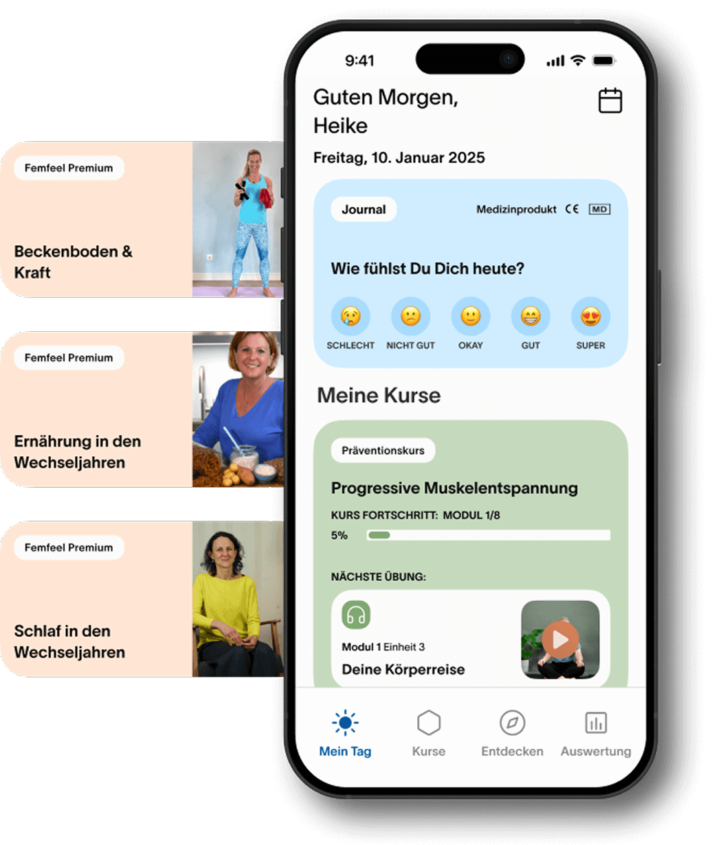 femfeel App Startseite mit Stimmungs-Check, Kursfortschritt PMR und Premium-Kursübersicht.